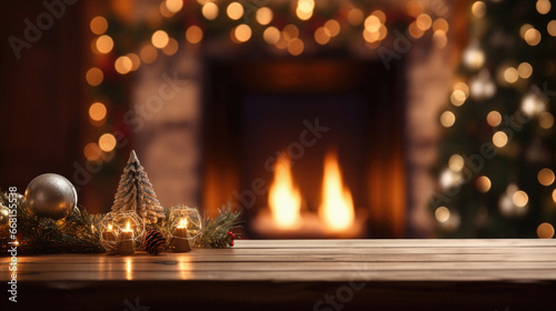 Christmas background with wooden table in front of fireplace and christmas tree. © Synthetica