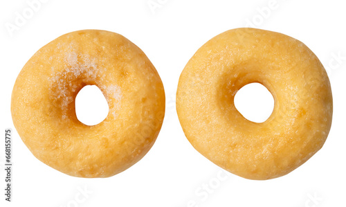 Top view of two delicious Cinnamon Sugar Mini Donuts isolated on white background with clipping path in png file format. Donuts with sugar sprinkle