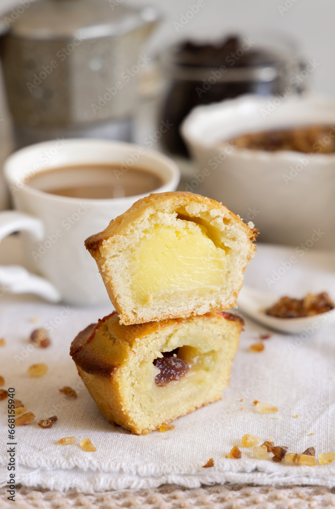 Pasticciotto leccese pastry filled with egg custard cream on a napkin close up