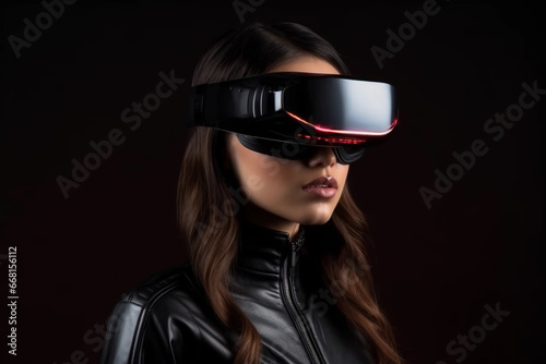 Amazed Woman in VR Headset Exploring AI-Generated Fantasy World on Dark Backdrop. Generative Ai. © MAXSHOT_PL