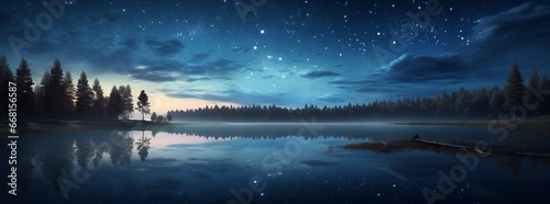 Starry sky over the lake, with the light of the rising sun