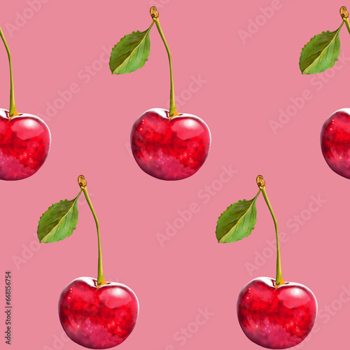 Illustration realism seamless pattern berry red cherry with green leaf on a pink background. High quality illustration