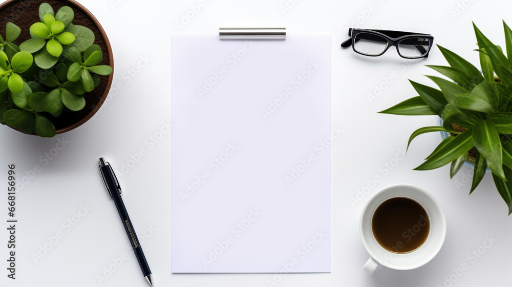 Biała kartka na biurku z kawą i długopisem w biurze - obrazy, fototapety, plakaty 