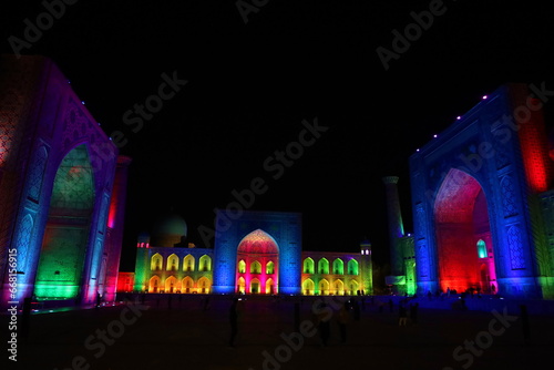 Night show at Registan - old public square on the silk road in the heart of the ancient city of Samarkand, Uzbekistan photo