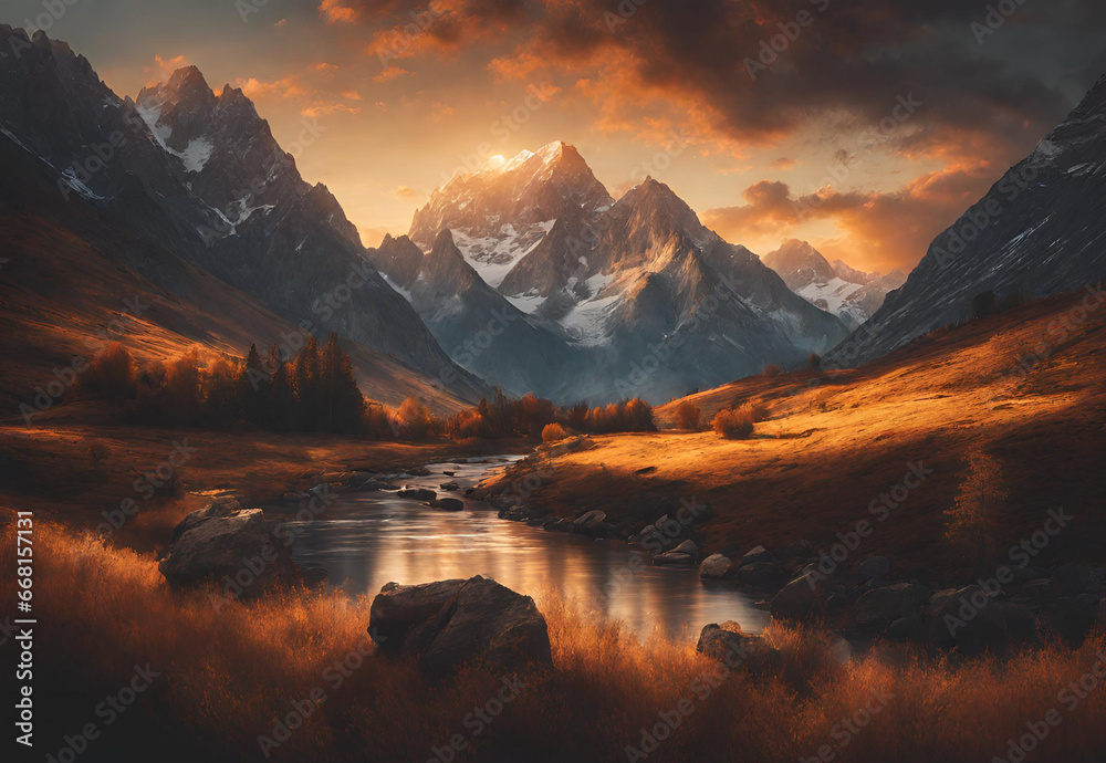 A majestic mountain landscape at golden hour, emphasizing rich tones and dramatic shadows.