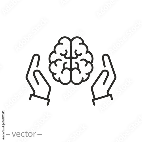 brain with human hands icon, mental health treatment, psychology care, help psychotherapy, thin line symbol on white background - editable stroke vector illustration eps10