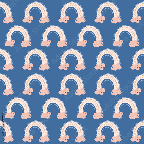Illustration cartoon seamless pattern of rainbows in beige orange color on a blue background. High quality illustration
