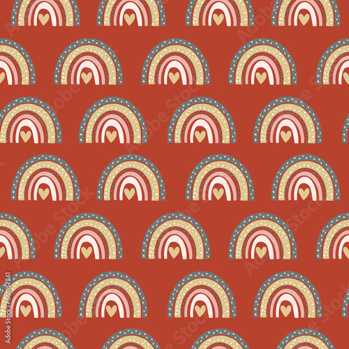 Illustration of a cartoon seamless pattern of rainbows in brown pink color on a brown background. High quality illustration