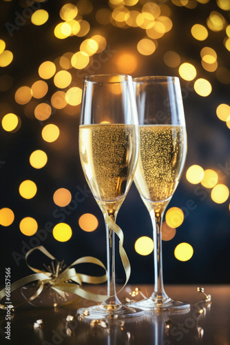 Two glasses of champagne on bokeh background, close-up.