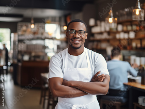 Portrait of a handsome African-American barista in white t-shirt and apron standing at the counter of the modern cafe interior, male barista at work, coffee shop
