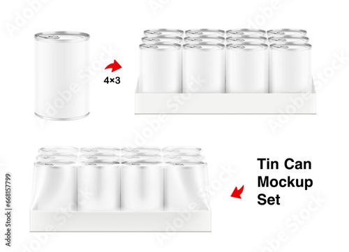 Hight realistic tin can multipack 4x3  mockup. Vector illustration isolated on white background. Easy to use for presentation your product, idea, design. EPS10.
