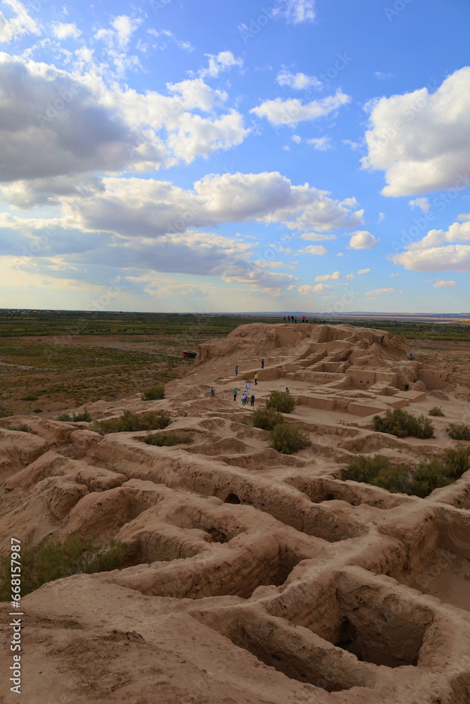 The ruins of Toprak Kala, one of the Desert Castles of Ancient Khorezm traditionally known as Elliq Qala, Unesco World Heritage Site in Karakpakstan, Uzbekistan