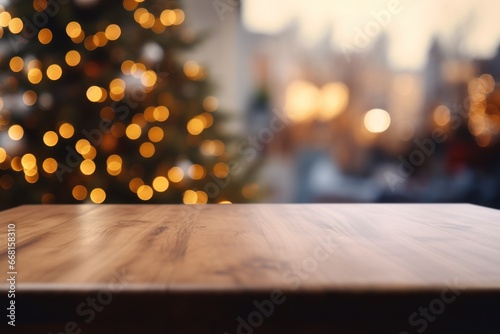 Empty wooden table top and blurred Christmas holiday background with lights garland. Image for display your product.
