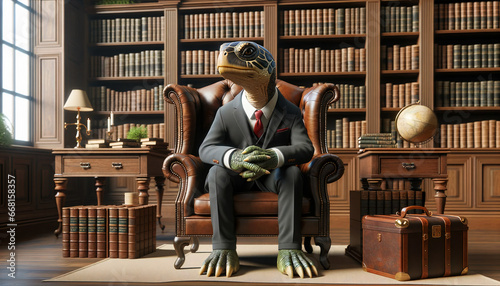 a wise turtle in business attire, seated in a leather armchair, surrounded by ancient tomes in a classic study photo