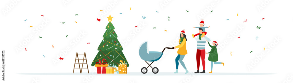 People decorate the Christmas tree. Happy family near the Christmas tree and gifts. Merry christmas. Vector illustration. People decorate the Christmas tree. Happy family near the Christmas tree and gifts. Merry christmas. Vector illustration.