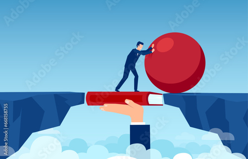 Vector of a business man pushes red sphere crossing the book bridge of a gap, overcoming difficulties. Concept of winning strategy, efficiency and a leadership.