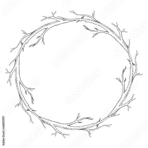 Branch tree wreath. Vector illustration of dry leaf less twig. Hand drawn graphic clipart on isolated background. Linear drawing of round frame border. Outline sketch of stick. Black contour line art