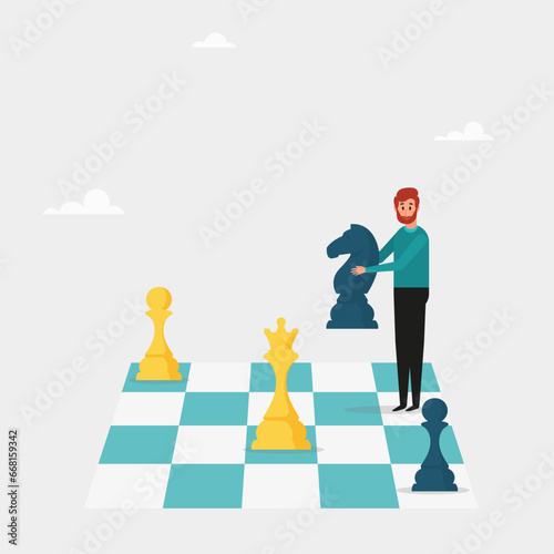 An office worker stands on a chessboard and moves a giant knight chess piece. Modern concept of strategic game, strategic planning, tactics in business competition. Vector illustration.
