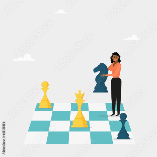 An office worker stands on a chessboard and moves a giant knight chess piece. Modern concept of strategic game, strategic planning, tactics in business competition. Vector illustration.
