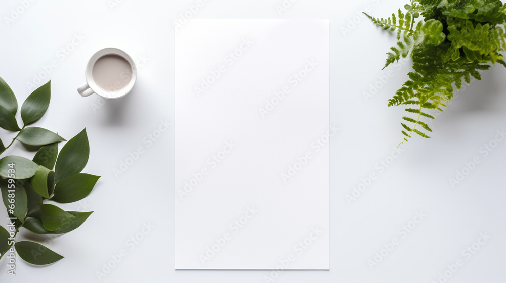 Biała kartka na biurku z kawą w biurze - obrazy, fototapety, plakaty 