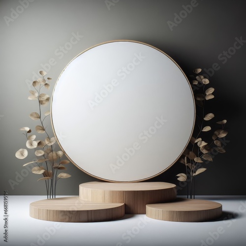 Wooden podium for product display with abstract background pedestal for social media post