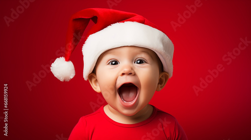 Cute baby boy in red christmas hat on red background.