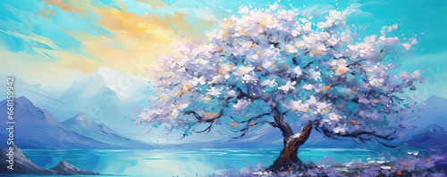 painting style illustration, beautiful cherry tree blossoming at lake side, generative Ai