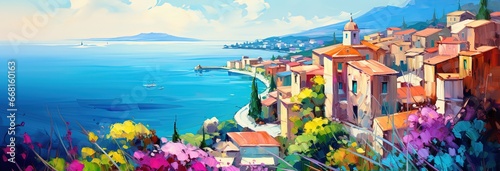 painting style illustration, beautiful passage way along the clifftop village town, Generative Ai