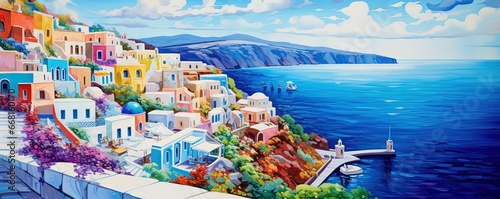 painting style illustration, beautiful passage way along the clifftop village town, Generative Ai