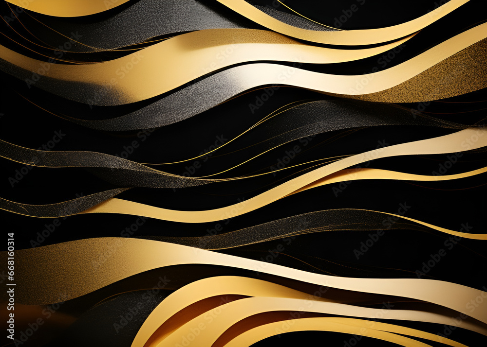 Fondo negro con lineas ondulares doradas - obrazy, fototapety, plakaty 