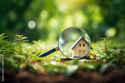 magnifying glass and small house in nature, concept of searching for land, new house, mortgage and rental housing photo