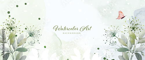 Abstract watercolor background with botanical and butterfly on watercolor stains