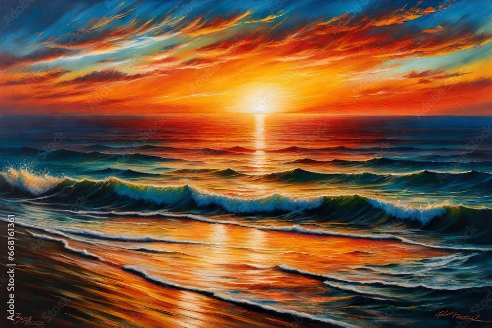 Fototapeta premium An oil pastel painting of a radiant sunset over a calm ocean, akin to J.M.W. Turner, bold colors, serene atmosphere.