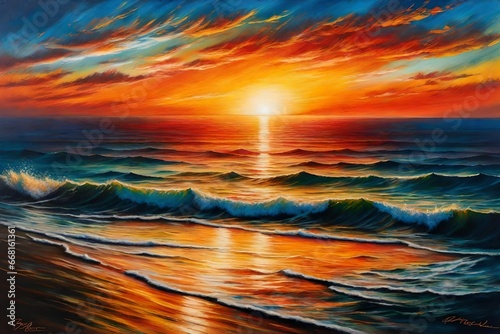 An oil pastel painting of a radiant sunset over a calm ocean, akin to J.M.W. Turner, bold colors, serene atmosphere. photo