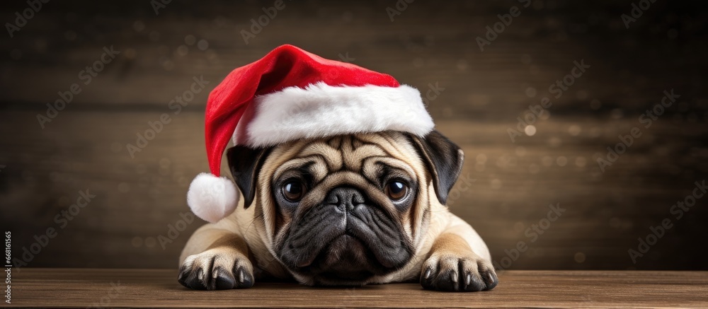 Adorable dog in Santa outfit with amusing expression during Christmas