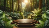 Close-up image capturing the details of a well-polished wooden podium, its texture and grain, set against the vibrant greens of a tropical forest.