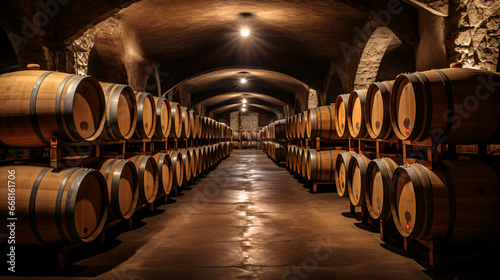 Cellar with barrels for storage and aging of wine