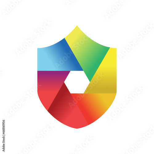 Free Download Lens Shield Logo designs vector, Photography Shield logo template on white background - GFXLoad