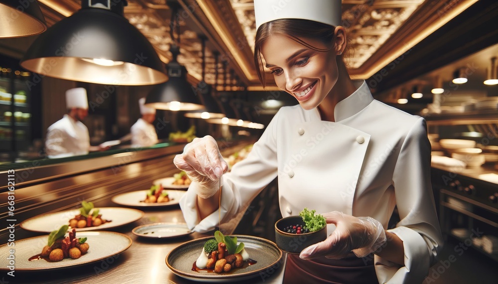 Smiling woman chef garnishing gourmet dish in luxury restaurant kitchen. - obrazy, fototapety, plakaty 