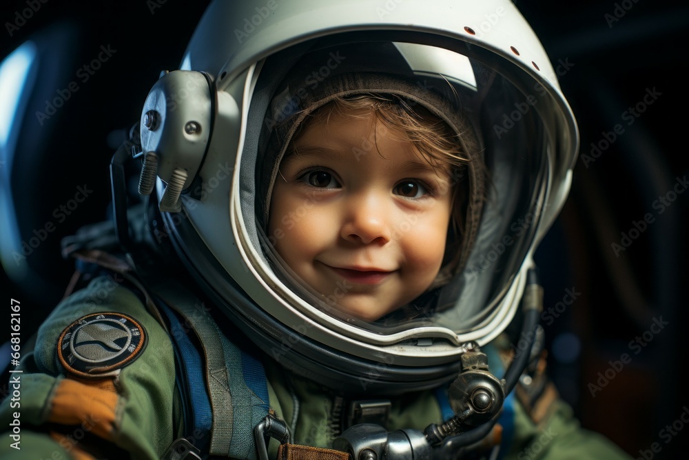 Portrait of a child in an astronaut costume with selective focus and copy space Portrait of a child in an astronaut costume with selective focus and copy space