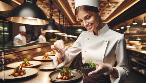Smiling woman chef garnishing gourmet dish in luxury restaurant kitchen. photo