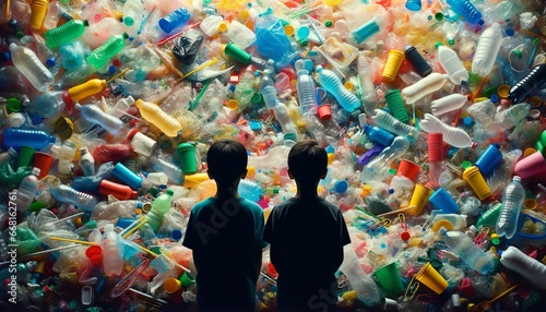 Wallpaper Mural Kids gazing at alarming plastic trash, highlighting environmental crisis. Torontodigital.ca