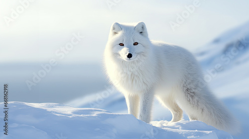 Winter illustration with beautiful arctic fox on the snow. For backgrounds, covers, banners and other winter projects. © Olga