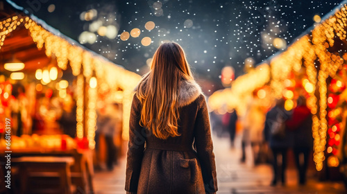 Femme se promenant au marché de noël