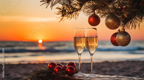 Two glasses of champagne on the background of the sea and Christmas tree.