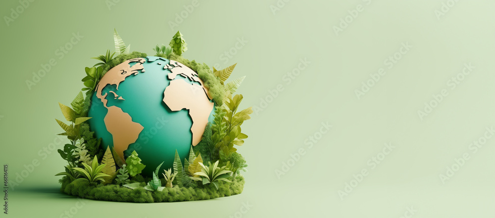Paper earth globe surrounded by green foliage, symbol of environmental protection and care of a fragile planet - Earth Day concept