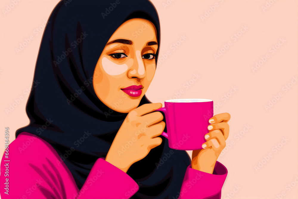 A muslim woman drink coffee. Aromatic Bliss. An arab Womans Coffee Journey. Generative AI A muslim woman drink coffee. Aromatic Bliss. An arab Womans Coffee Journey. Generative AI