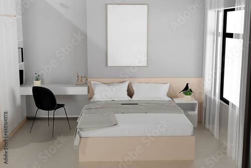 Bed with blanket and table with chair in bedroom interior with frame mockup, 3D render © YuliiaMazurkevych