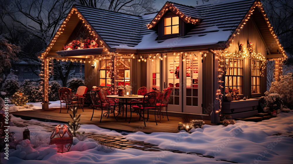 Beautiful christmas decorated house on a winter. Christmas lights outside on a House