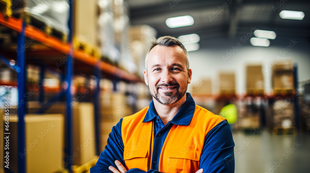 Gérant d'un entrepôt de stockage souriant, avec gilet fluo de sécurité Gérant d'un entrepôt de stockage souriant, avec gilet fluo de sécurité